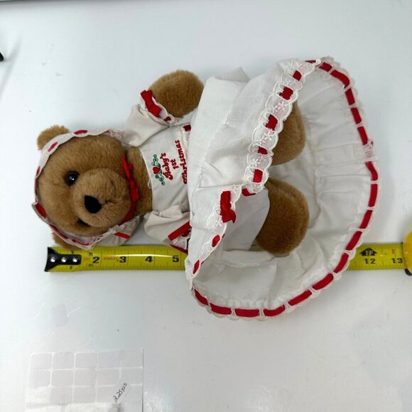 Vintage 1st Christmas Teddy Bear By Dakin 1983 White Red Dress Bonnet Babys - Picture 9 of 12
